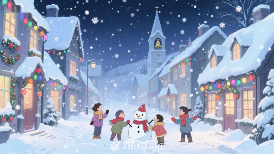 冬夜小镇，孩子们堆雪人 99