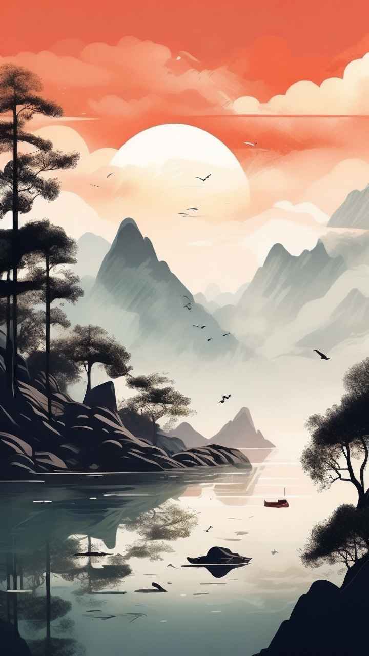 国风水彩画山水风景插画 1