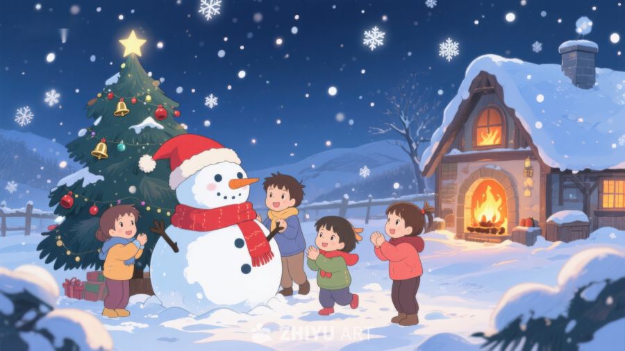 冬夜雪景中孩子们与雪人共度欢乐时光 126