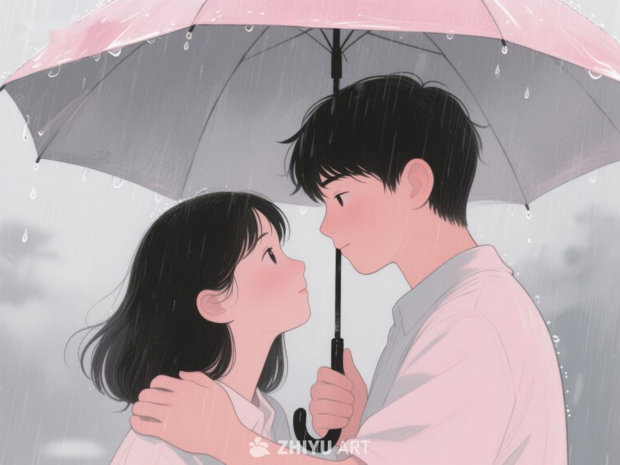 雨中情侣共撑伞温馨相拥 1076
