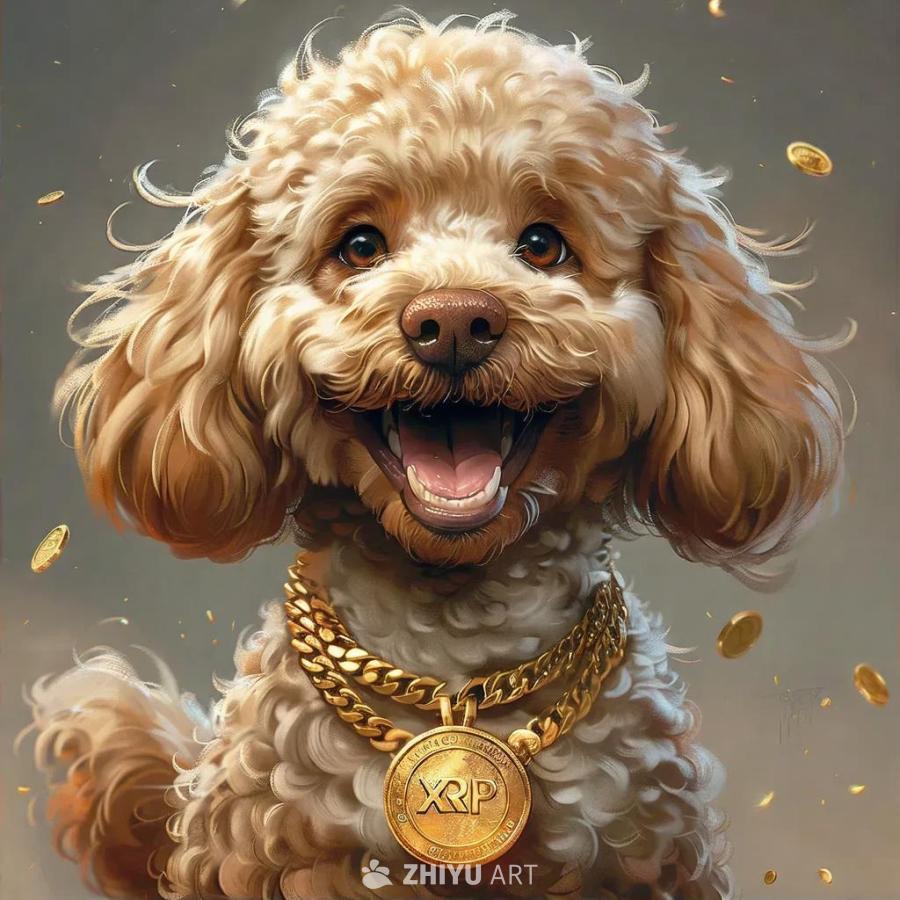 一只动画贵宾犬，佩戴着刻有“XRP”字样的金币项链