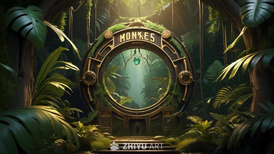 一个魔法传送门位于丛林中，传送门上写着“MONKE