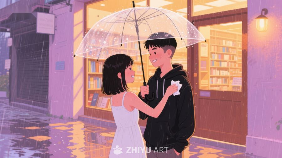 雨夜图书馆前的温馨邂逅 603