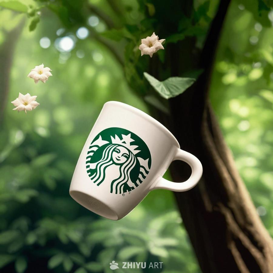 一个白色的星巴克咖啡杯悬浮在空中。杯子上印有星巴克