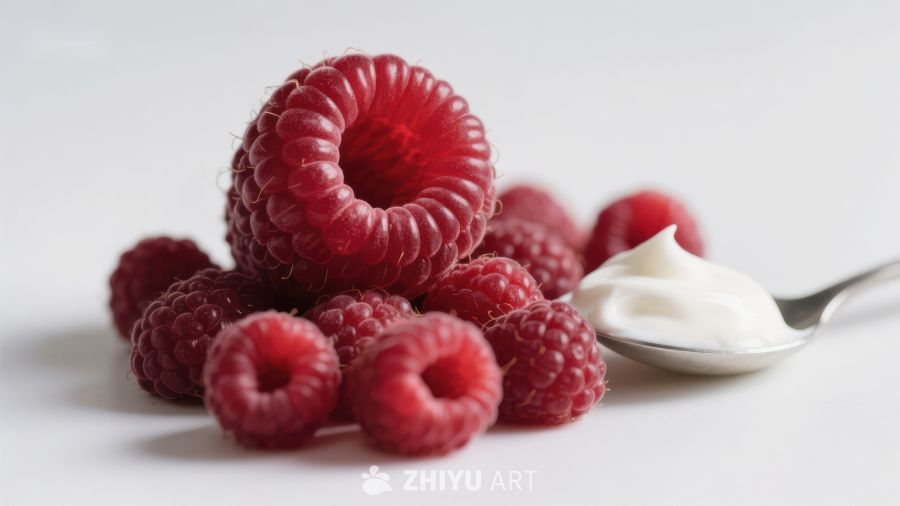新鲜覆盆子与酸奶特写