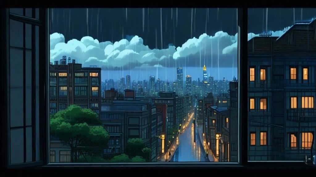透过窗户，可以看到城市夜景，雨水倾斜而下，落在城市
