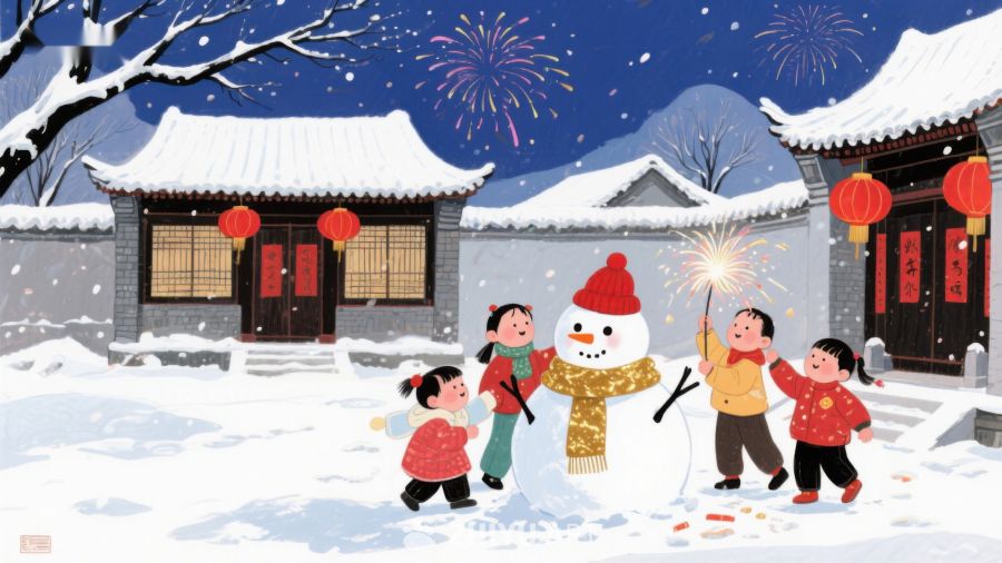 冬日雪景中孩子们堆雪人放烟花 15