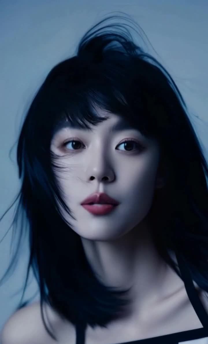 风中黑发红唇女性吊带背心肖像