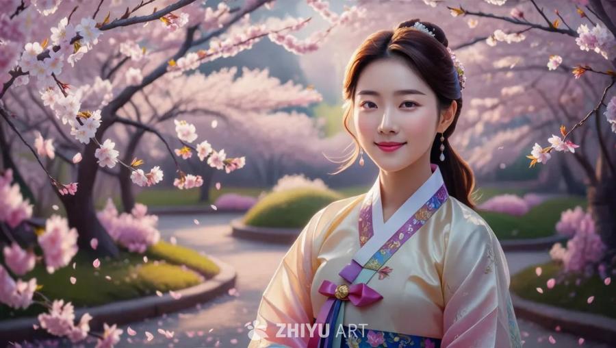 一位身着传统韩服的韩国女性，背景是宁静的樱花盛开的