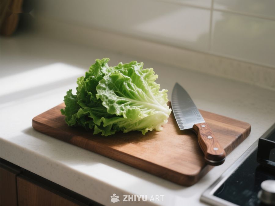 生菜与刀置于砧板上 360