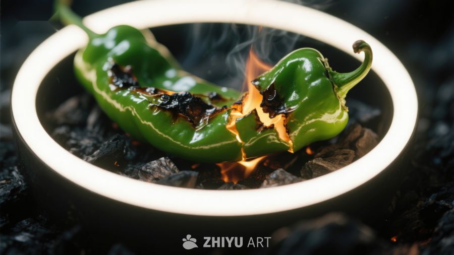 青椒在炭火中炙烤