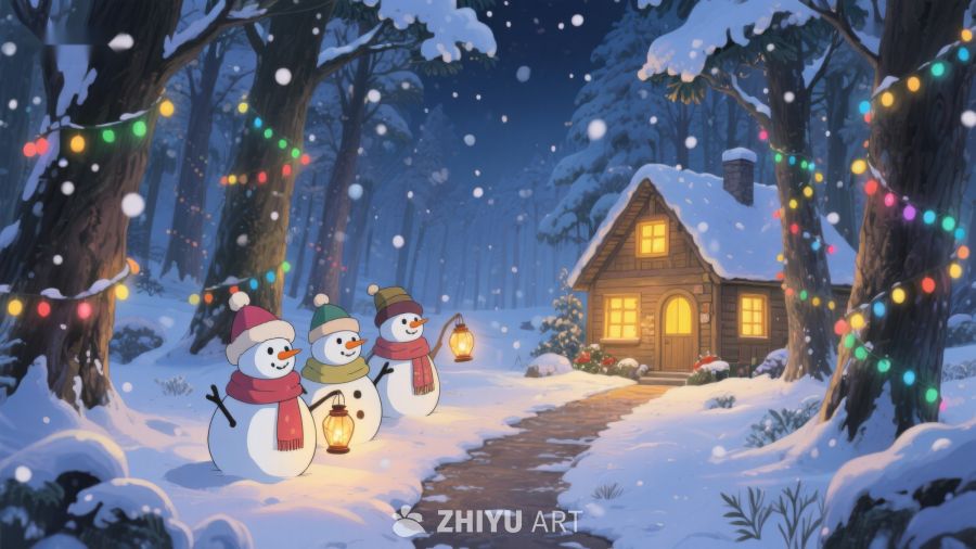 雪夜森林中的温馨小屋 378
