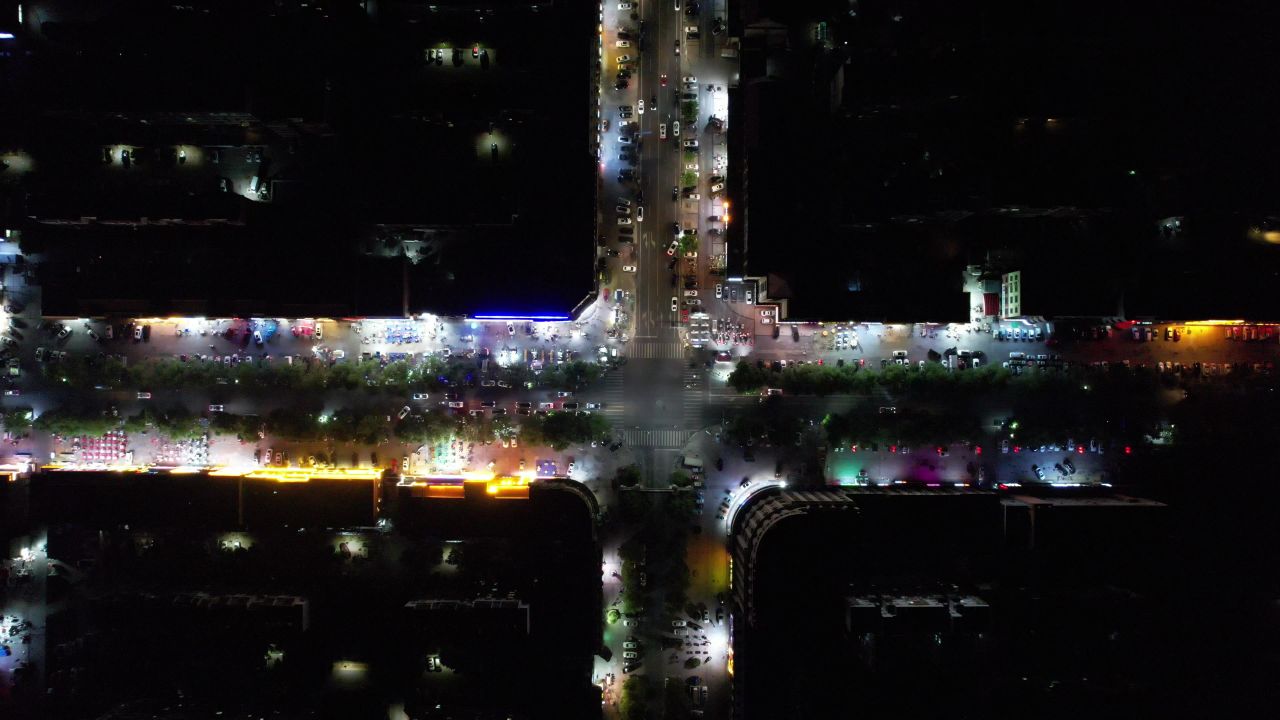 城市夜景人间烟火气息夜宵摊航拍山东东营 