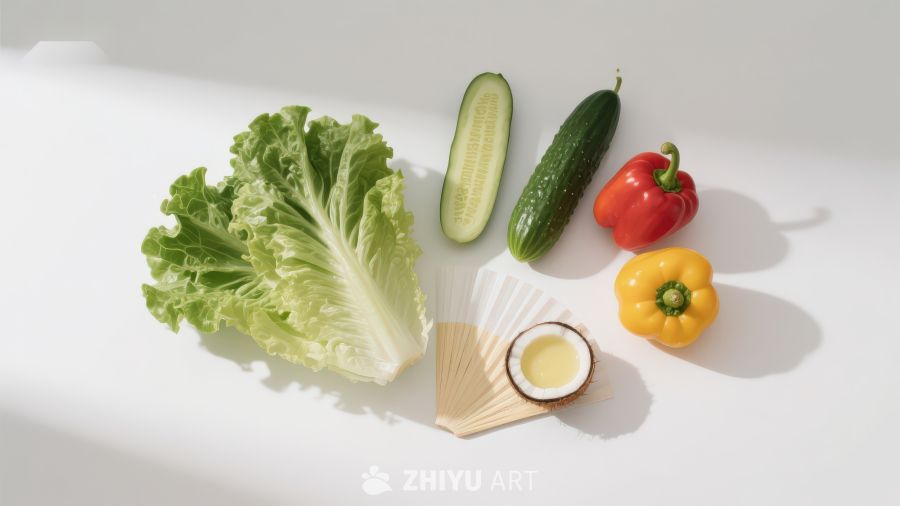 新鲜蔬菜与椰子油摆拍
