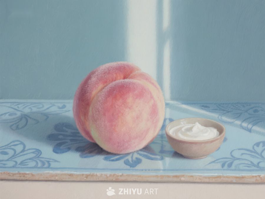 桃子与酸奶，静谧蓝盘 478