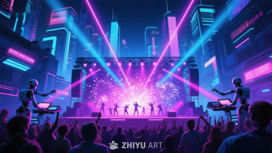 未来城市夜景中的机器人表演 565