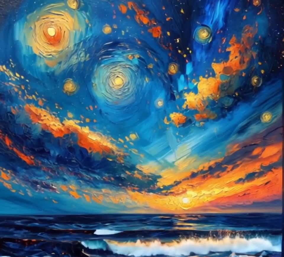 漩涡星空下波涛汹涌的海面日落画作