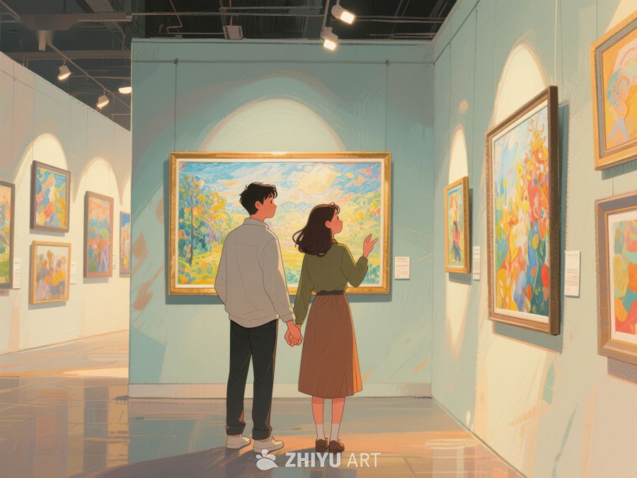 美术馆内两人欣赏画作 488