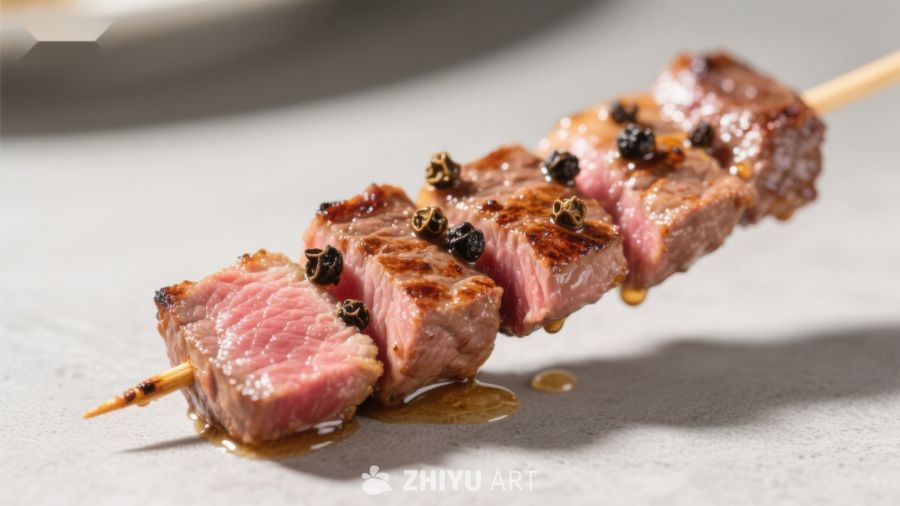 烤牛肉串配黑胡椒粒