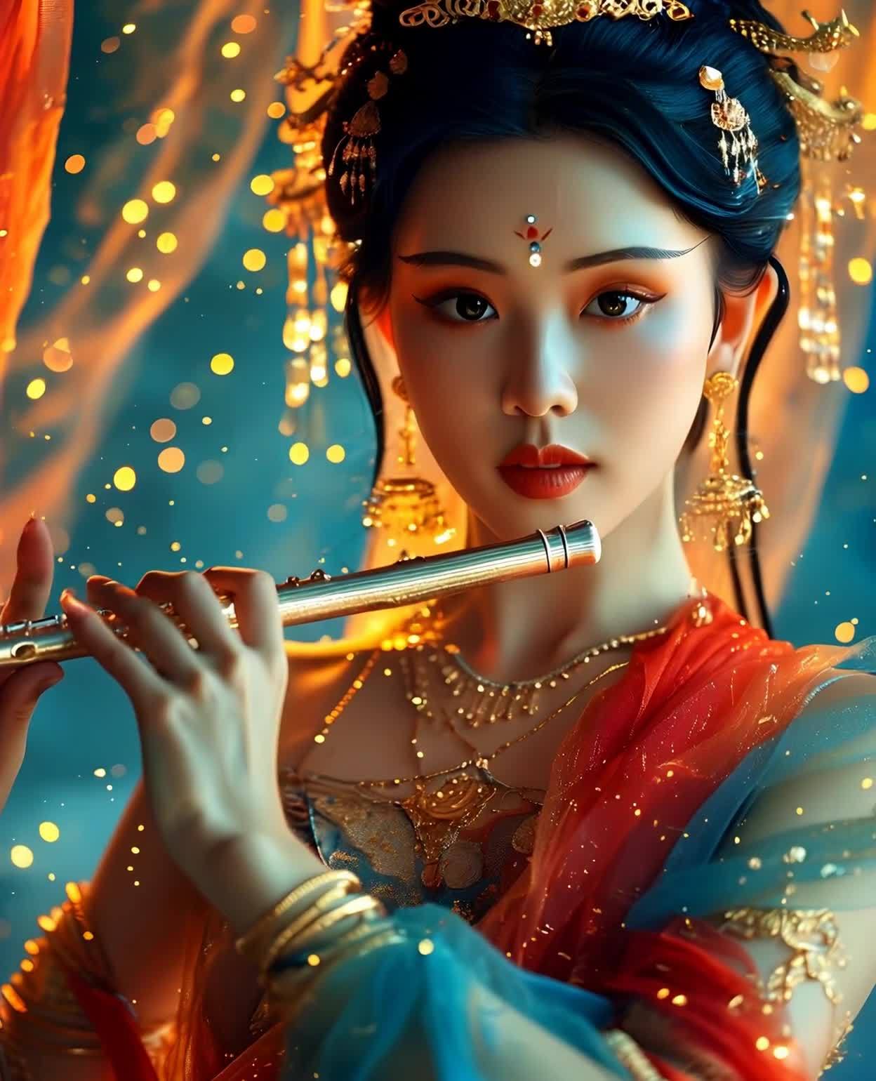 一位女性正对着镜头，手持金色长笛。她头戴精美的金色