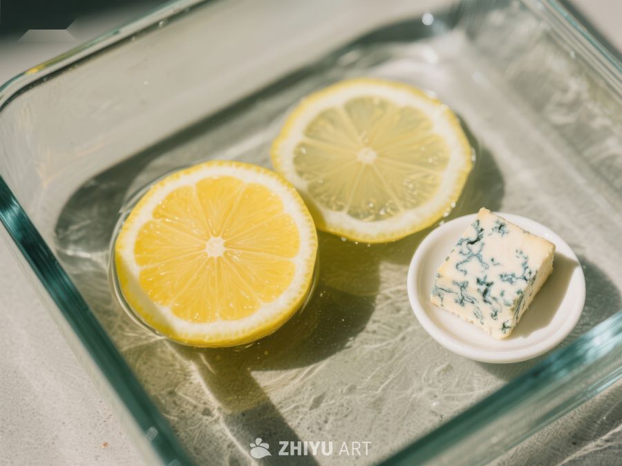 柠檬切片与奶酪块置于玻璃盘中 269