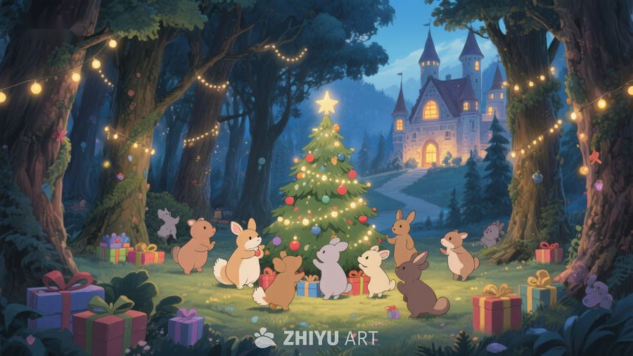 森林中的圣诞树与动物聚会 178