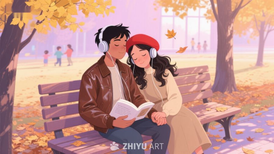 秋日公园里共读的恋人 265