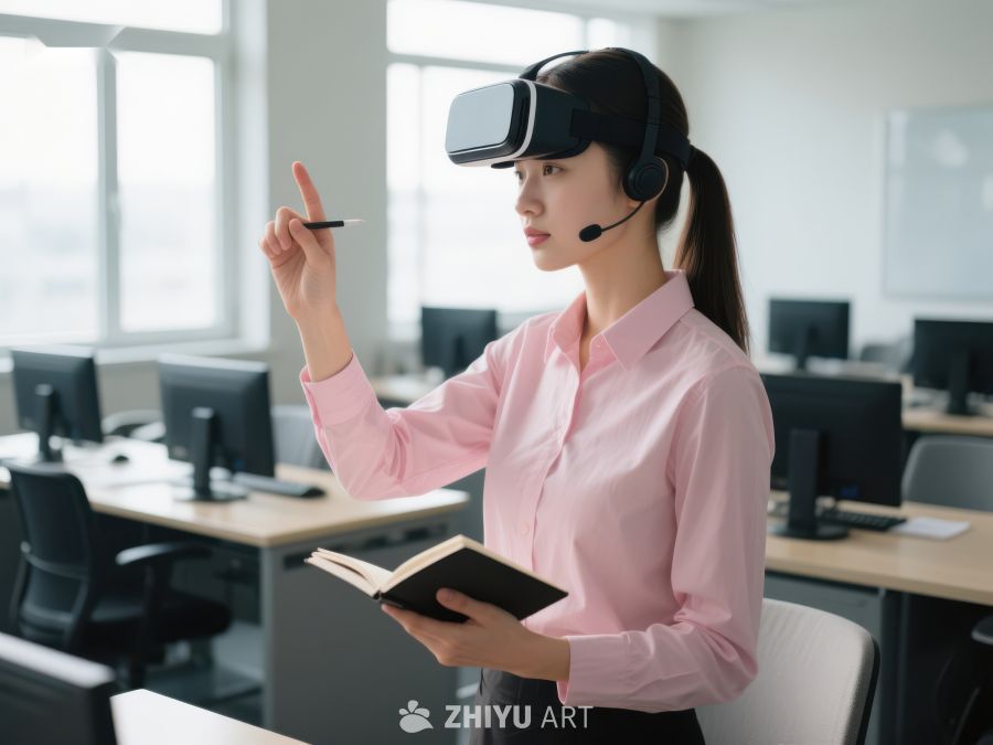 办公室中使用VR设备的女性 100