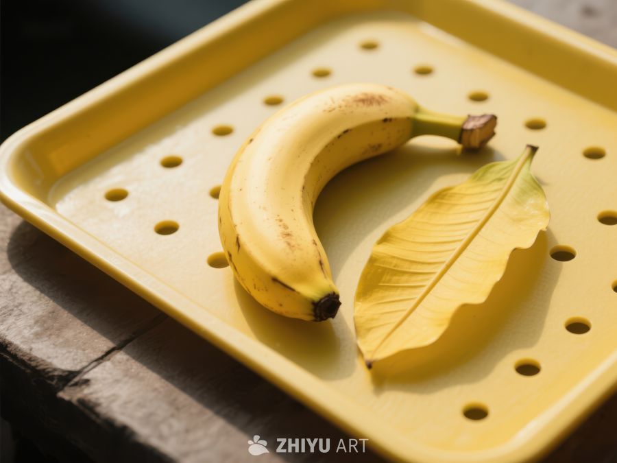 香蕉与黄叶置于黄色托盘 545