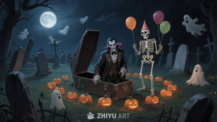 万圣夜墓地里的吸血鬼与骷髅