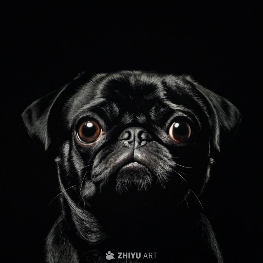 一只小黑色的巴哥犬的特写镜头，是画面的主要焦点。这