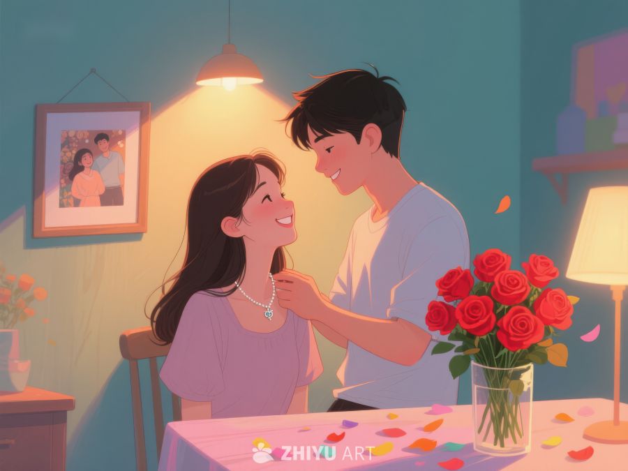 温馨室内，男子为女子佩戴项链 802
