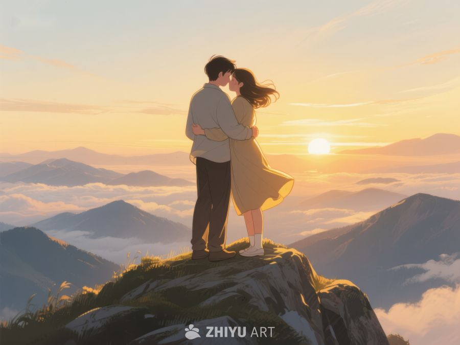 山顶情侣拥抱，夕阳美景相伴 653