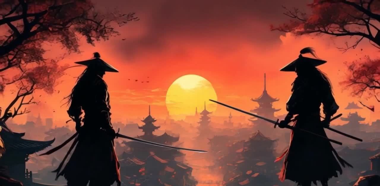 飞鸟飞过空中，树梢在风中摇曳，剑客的头发和衣摆随风