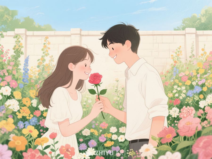 花园中互赠玫瑰的男女 361
