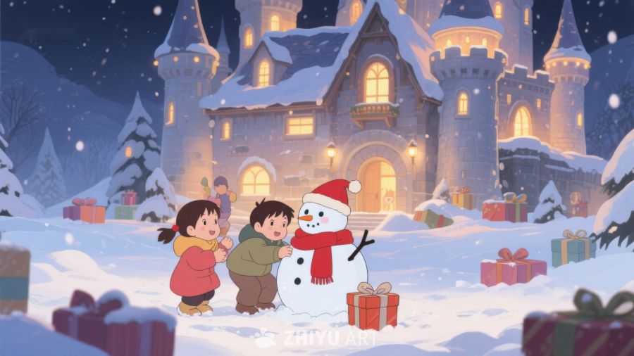 冬夜城堡前的雪人与孩子 33