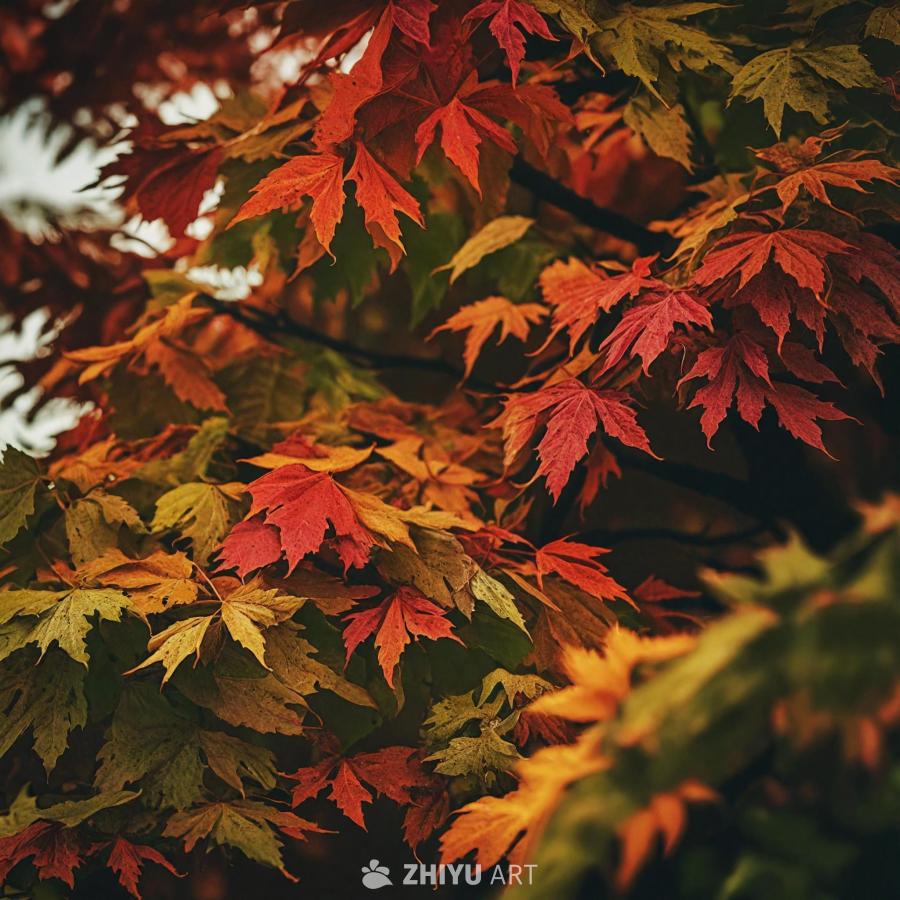 一棵树上长满了各式各样的叶子，呈现出秋天充满活力的