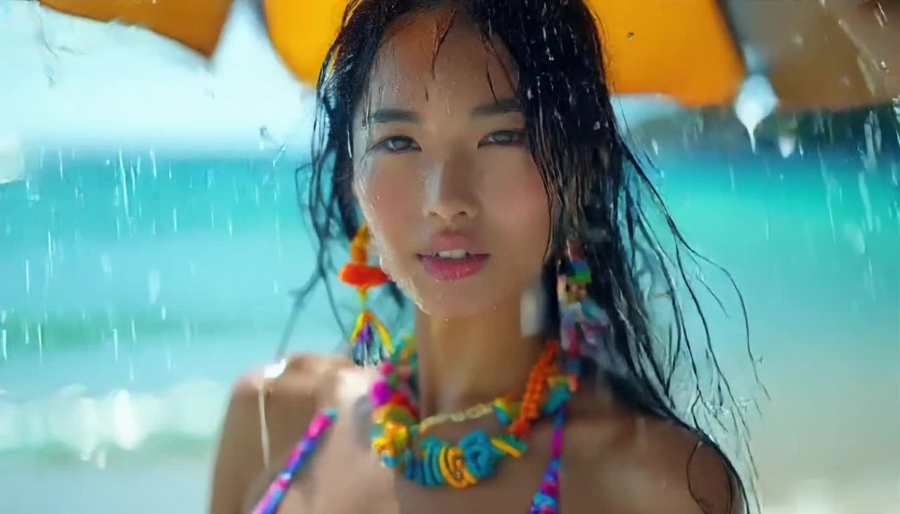 一位美丽的女士站在雨中。她有一头直顺的黑发，身穿一