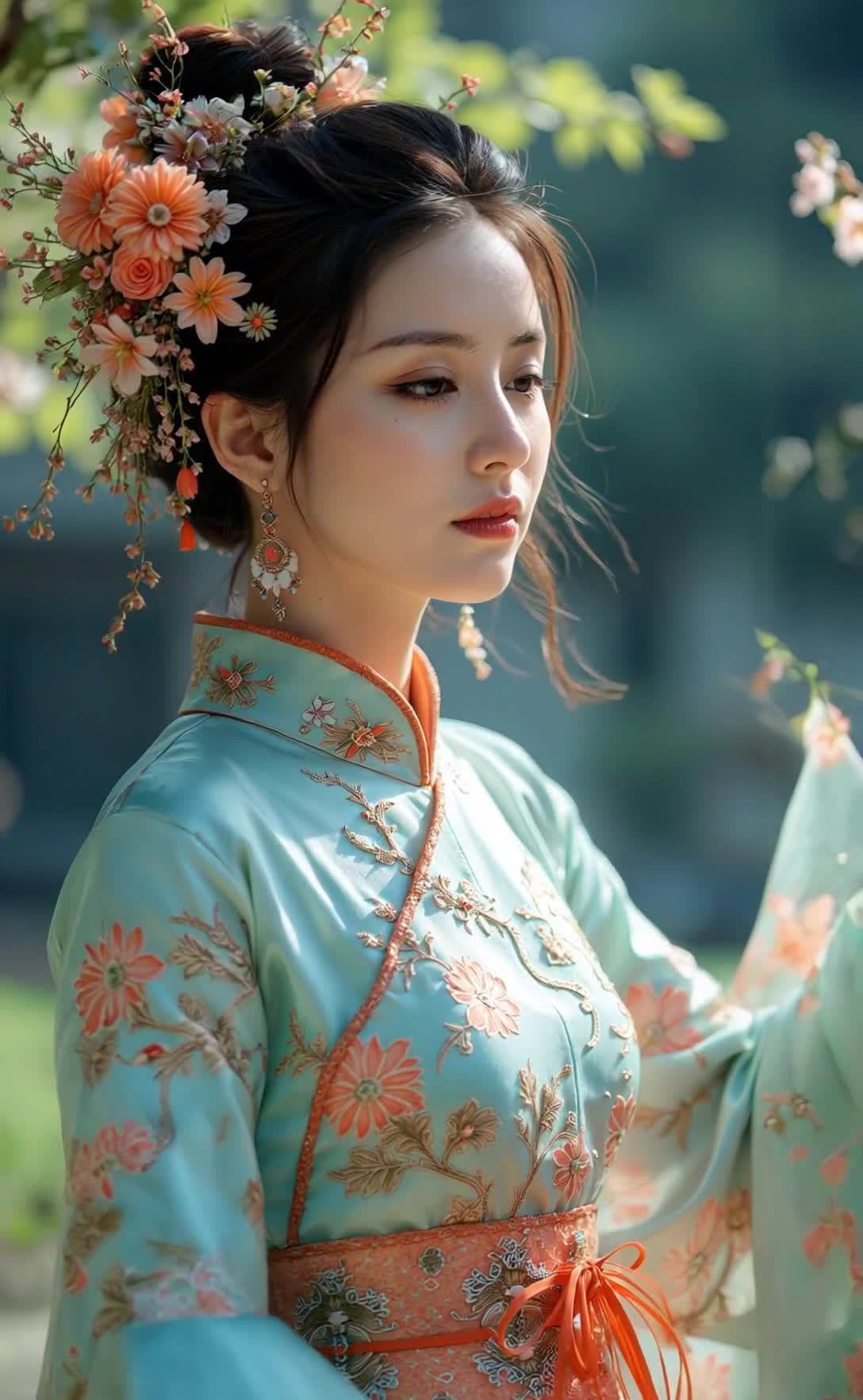 一位身着浅蓝色传统服饰的年轻女子，她的头发上装饰着
