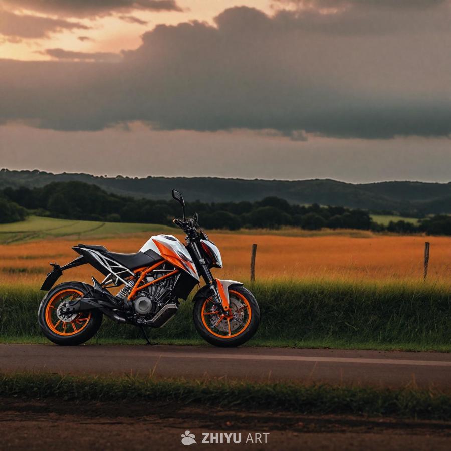 一辆KTM Duke 250摩托车停靠在路边，背景