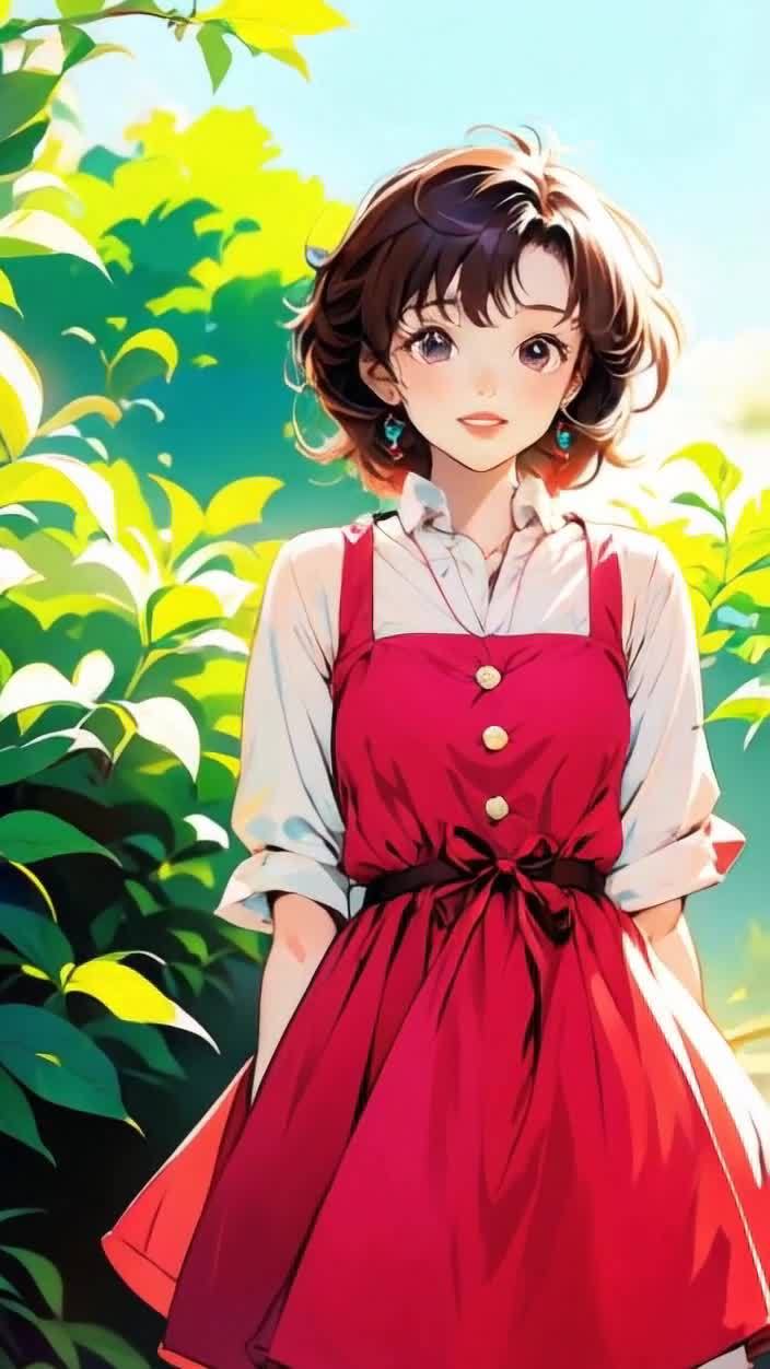 微笑的年轻女子，红色连衣裙在绿色植物前。