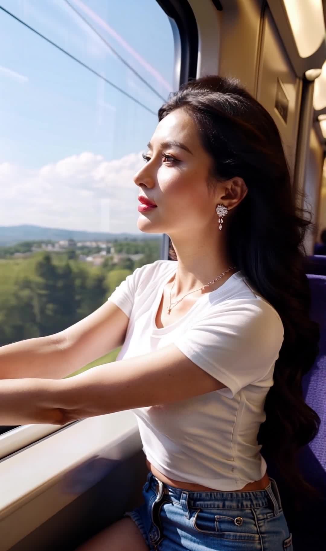高铁上的女子凝望窗外风景，阳光照射侧脸。