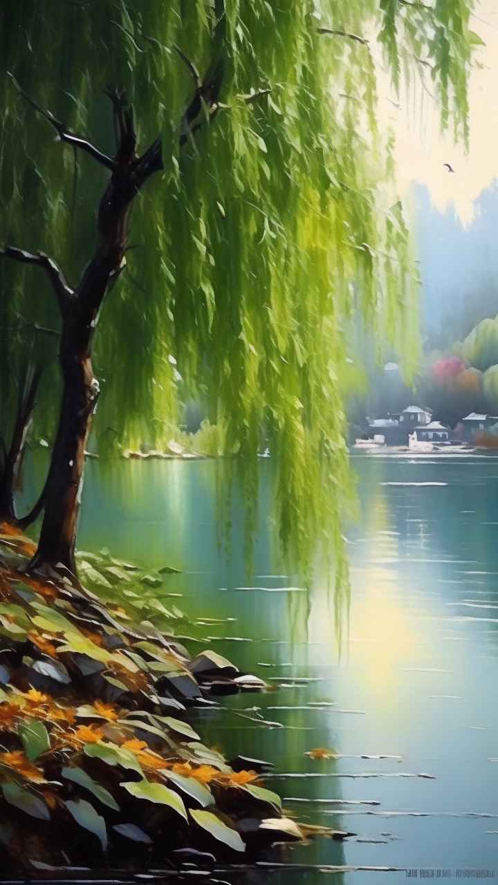 河边柳树插画风景图 17