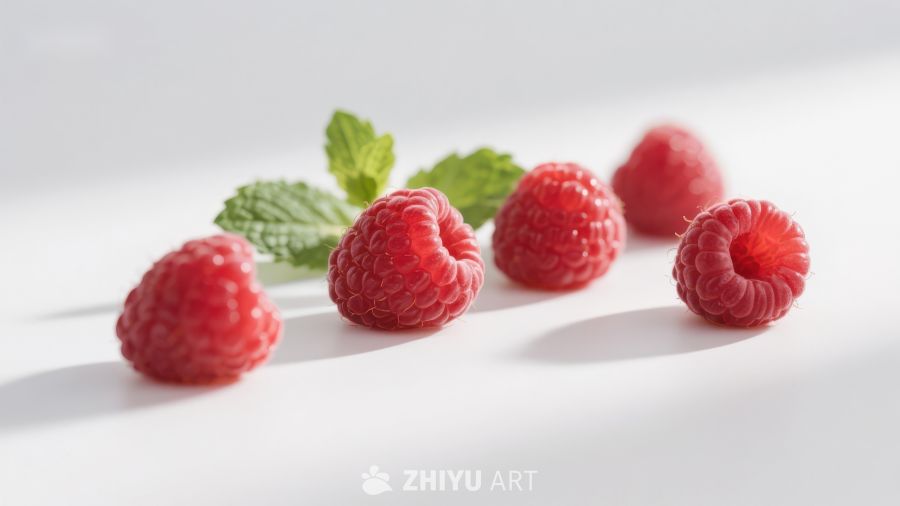 新鲜覆盆子与薄荷叶的静物图