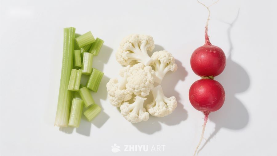 新鲜蔬菜：芹菜、花椰菜与樱桃萝卜