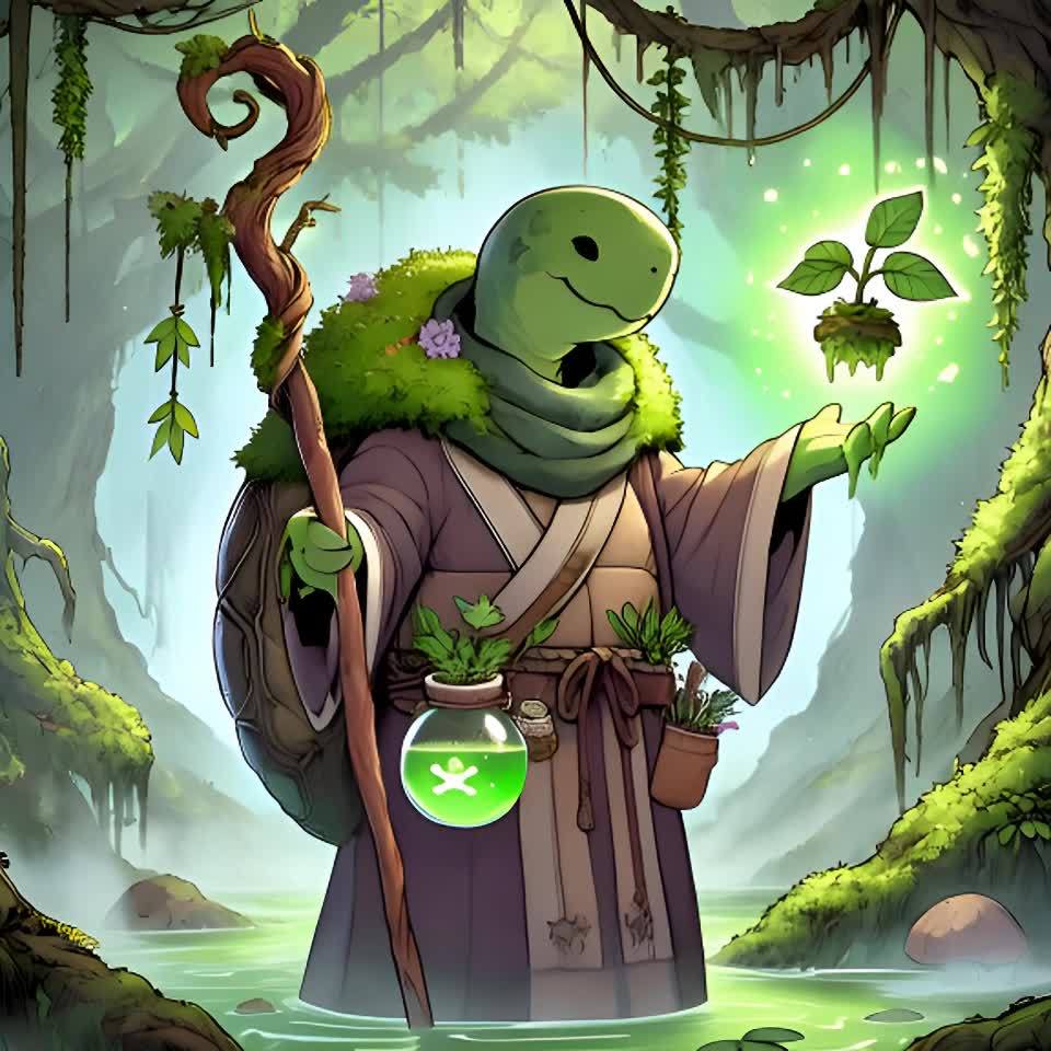 一个拟人化的乌龟德鲁伊站在沼泽中，它肩上披着苔藓和