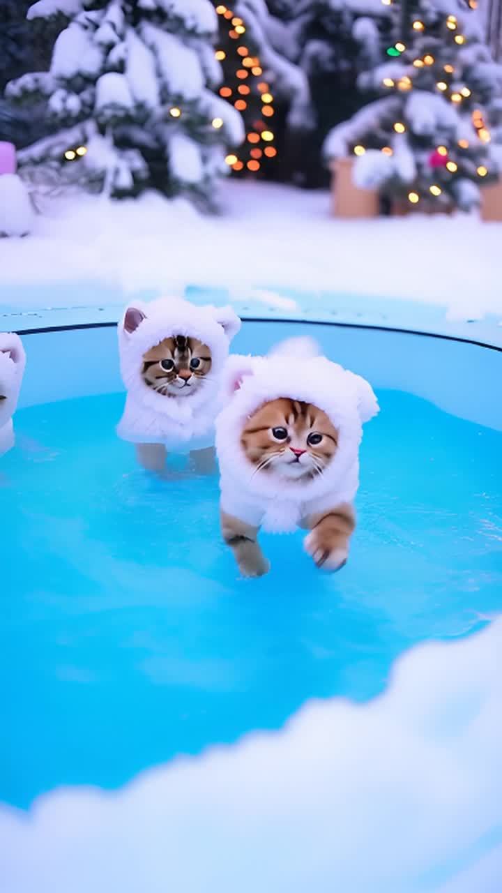 两只穿着白色北极熊服装的小猫在两个相连的游泳池里。