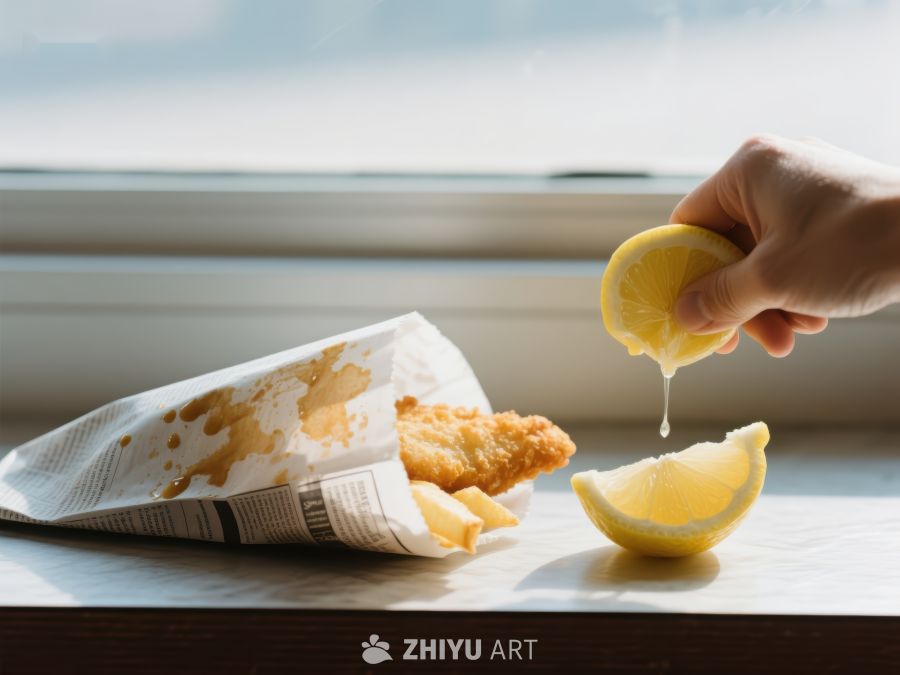 挤柠檬汁淋在炸鱼上