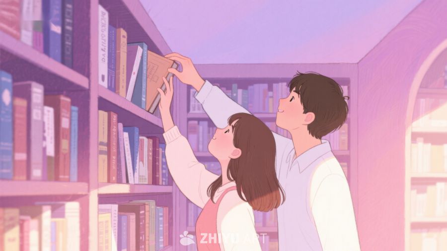 图书馆中的一对年轻人共同选书 308