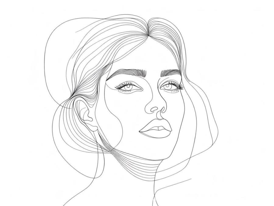 黑白极简风格的单线条绘画，背景透明。画面描绘了一个